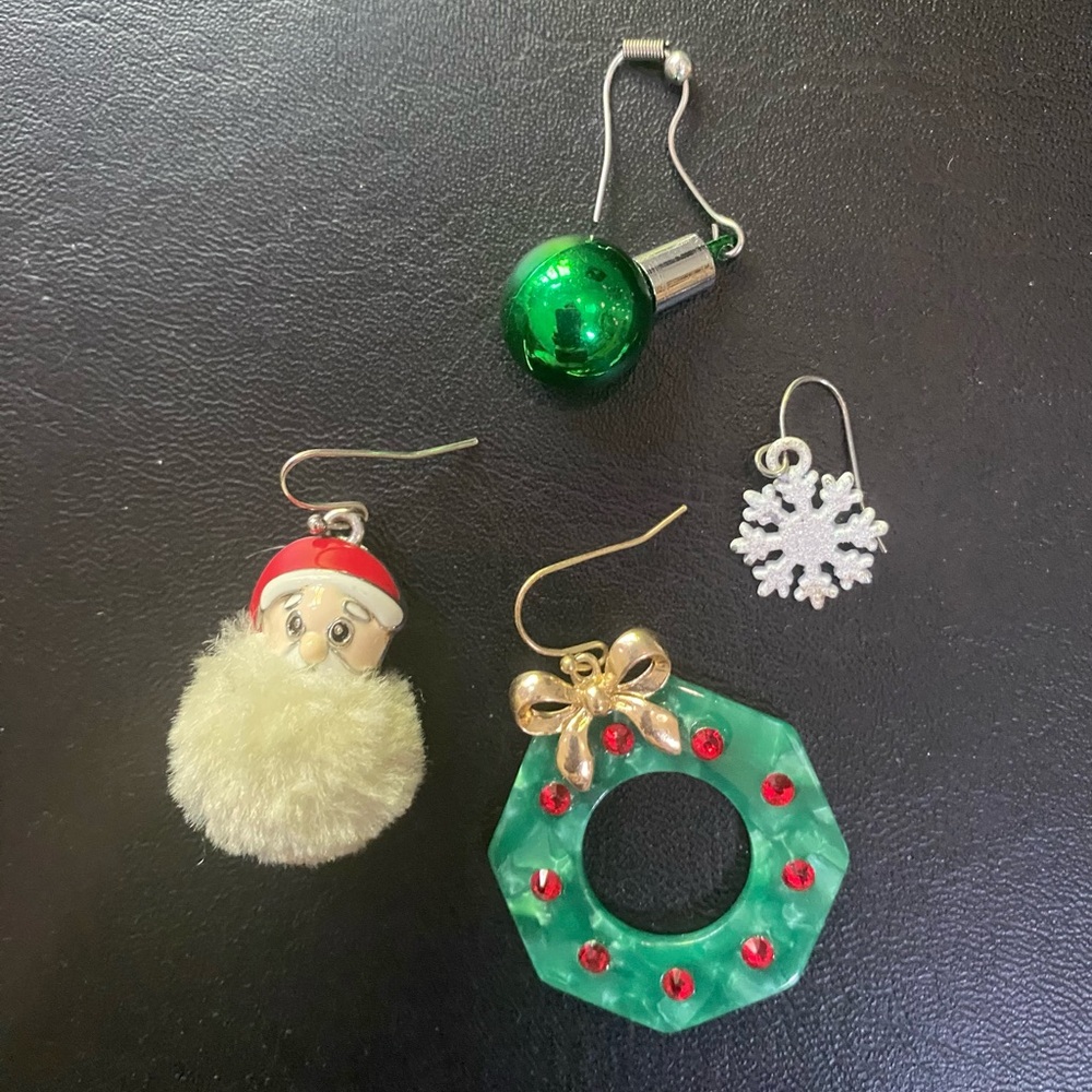 Lot of 4 Single Christmas Earrings – Santa, Wreath, Bulb, Snowflake